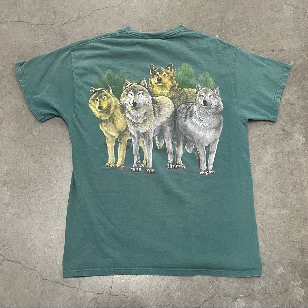 Vintage 1990s Made In USA Wolf Nature T-Shirt Size Large Unisex Turquoise